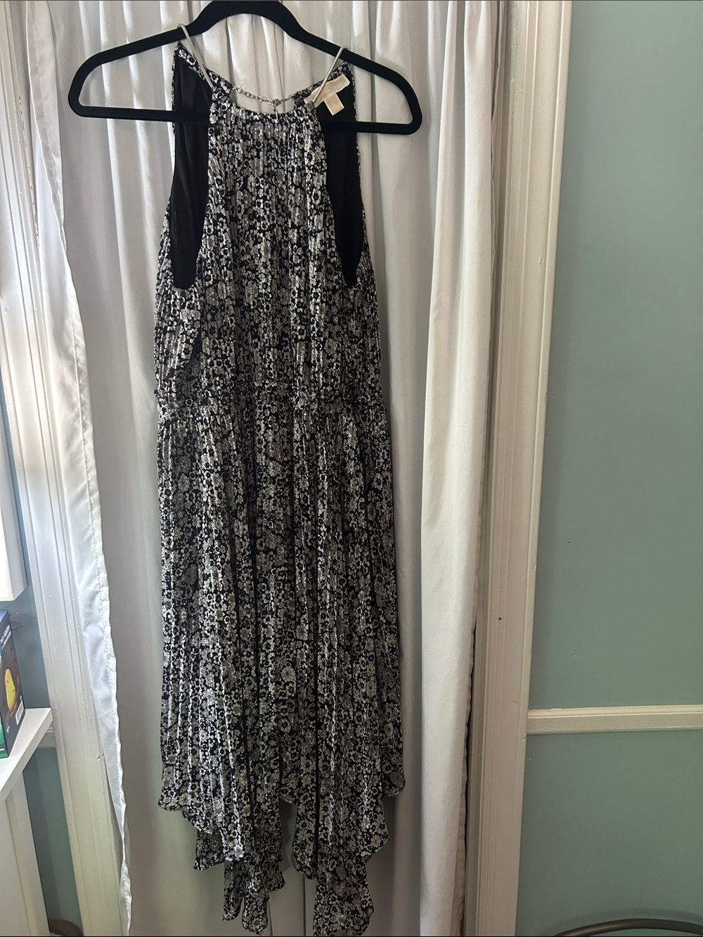 Michael Kors Black & White Asymmetrical Halter Floral Maxi Dress